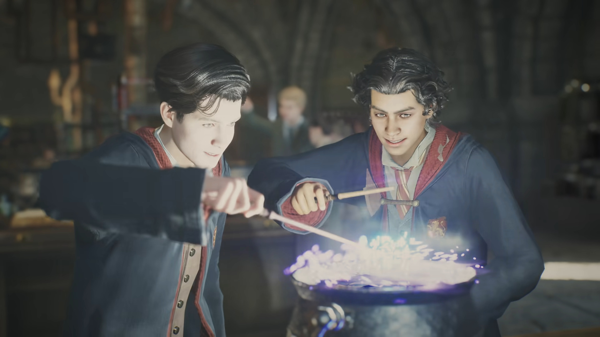 2 students are crafting a potion inside  Hogwarts Legacy game